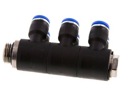 6mm x G1/4'' 6-way Manifold Push-in Fitting with Male Threads Brass/PA 66 NBR Rotatable