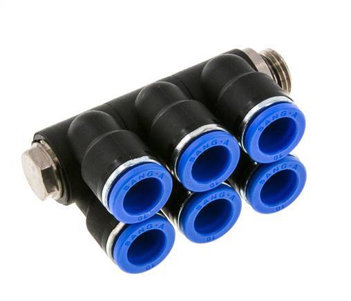 10mm x G1/4'' 6-way Manifold Push-in Fitting with Male Threads Brass/PA 66 NBR Rotatable