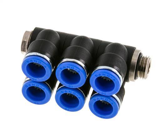 10mm x G1/4'' 6-way Manifold Push-in Fitting with Male Threads Brass/PA 66 NBR Rotatable
