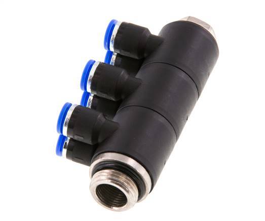 6mm x G3/8'' 6-way Manifold Push-in Fitting with Male Threads Brass/PA 66 NBR Rotatable