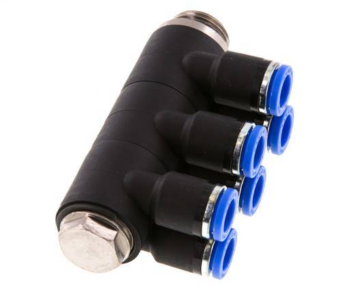 8mm x G3/8'' 6-way Manifold Push-in Fitting with Male Threads Brass/PA 66 NBR Rotatable