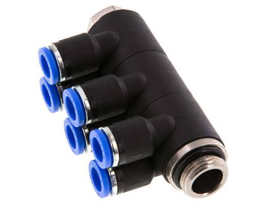 8mm x G3/8'' 6-way Manifold Push-in Fitting with Male Threads Brass/PA 66 NBR Rotatable
