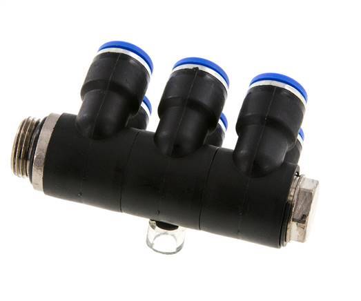 10mm x G3/8'' 6-way Manifold Push-in Fitting with Male Threads Brass/PA 66 NBR Rotatable