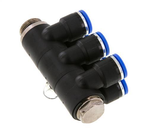 10mm x G3/8'' 6-way Manifold Push-in Fitting with Male Threads Brass/PA 66 NBR Rotatable