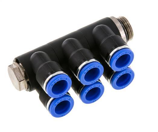 10mm x G3/8'' 6-way Manifold Push-in Fitting with Male Threads Brass/PA 66 NBR Rotatable