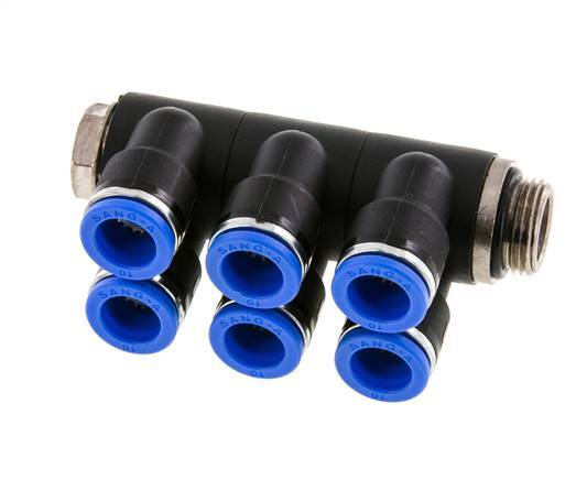 10mm x G3/8'' 6-way Manifold Push-in Fitting with Male Threads Brass/PA 66 NBR Rotatable