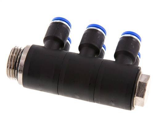 8mm x G1/2'' 6-way Manifold Push-in Fitting with Male Threads Brass/PA 66 NBR Rotatable