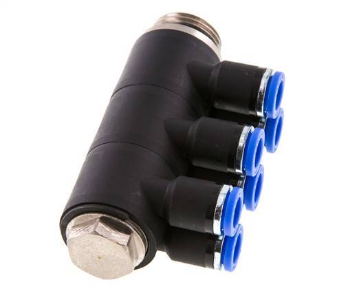 8mm x G1/2'' 6-way Manifold Push-in Fitting with Male Threads Brass/PA 66 NBR Rotatable