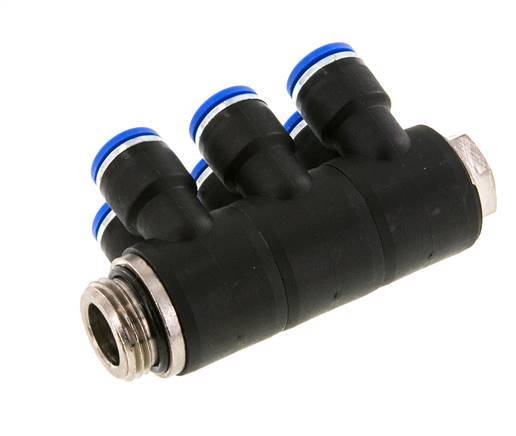 10mm x G1/2'' 6-way Manifold Push-in Fitting with Male Threads Brass/PA 66 NBR Rotatable