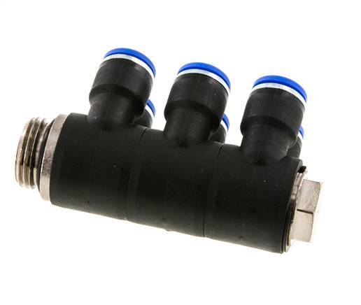 10mm x G1/2'' 6-way Manifold Push-in Fitting with Male Threads Brass/PA 66 NBR Rotatable