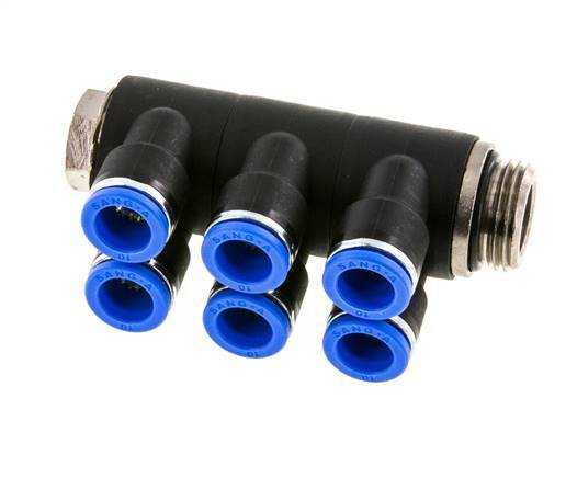 10mm x G1/2'' 6-way Manifold Push-in Fitting with Male Threads Brass/PA 66 NBR Rotatable