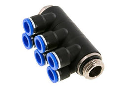 10mm x G1/2'' 6-way Manifold Push-in Fitting with Male Threads Brass/PA 66 NBR Rotatable