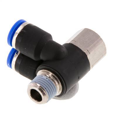 6mm x R1/8'' Double 90deg Elbow Push-in Fitting with Male-Female Threads Brass/PA 66 NBR Rotatable [2 Pieces]