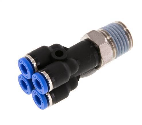 4mm x R1/4'' 4-way Y Manifold Push-in Fitting with Male Threads Brass/PA 66 NBR Rotatable