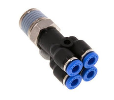 4mm x R1/4'' 4-way Y Manifold Push-in Fitting with Male Threads Brass/PA 66 NBR Rotatable