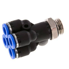 6mm x G1/4'' 4-way Y Manifold Push-in Fitting with Male Threads Brass/PA 66 NBR Rotatable