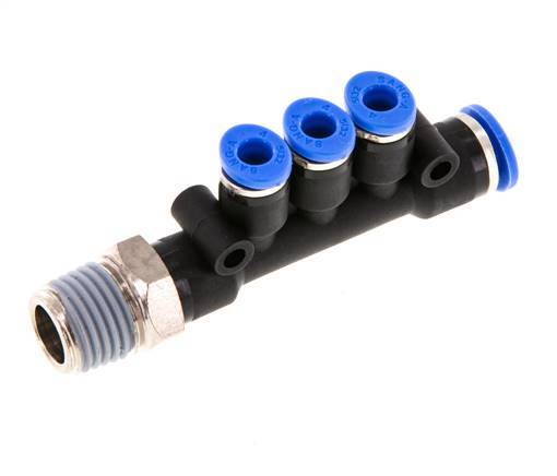 4mm x 6mm x R1/4'' 3-way Manifold Push-in Fitting with Male Threads Brass/PA 66 NBR Rotatable