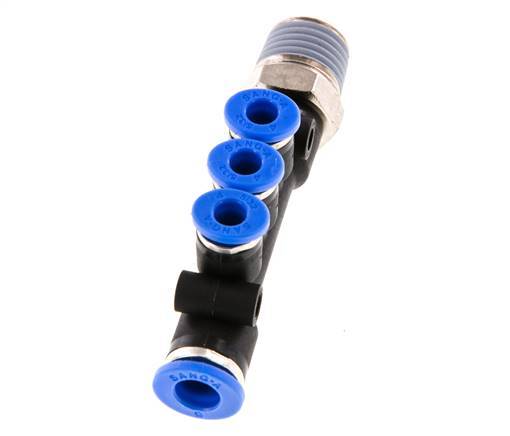 4mm x 6mm x R1/4'' 3-way Manifold Push-in Fitting with Male Threads Brass/PA 66 NBR Rotatable