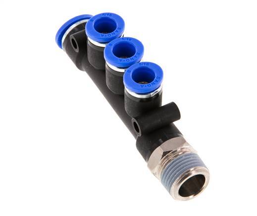 8mm x 10mm x R3/8'' 3-way Manifold Push-in Fitting with Male Threads Brass/PA 66 NBR Rotatable