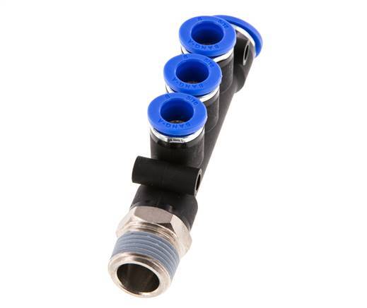 8mm x 10mm x R3/8'' 3-way Manifold Push-in Fitting with Male Threads Brass/PA 66 NBR Rotatable