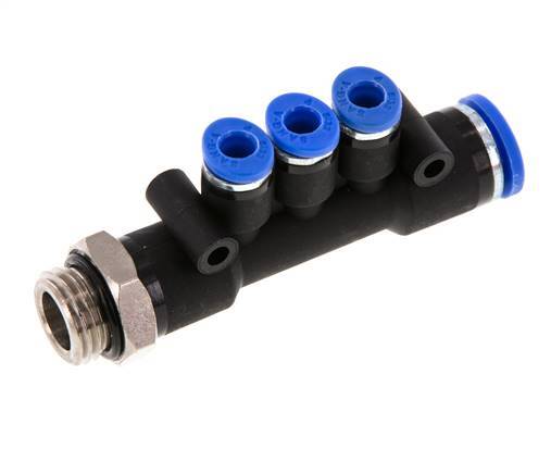 4mm x 8mm x G1/4'' 3-way Manifold Push-in Fitting with Male Threads Brass/PA 66 NBR Rotatable