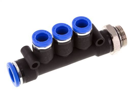 8mm x 10mm x G3/8'' 3-way Manifold Push-in Fitting with Male Threads Brass/PA 66 NBR Rotatable