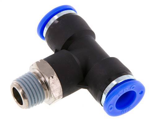3/8'' x 1/4'' NPT Inline Tee Push-in Fitting with Male Threads Brass/PBT NBR Rotatable