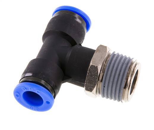 3/8'' x 1/2'' NPT Inline Tee Push-in Fitting with Male Threads Brass/PBT NBR Rotatable