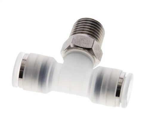 8mm x R1/4'' Inline Tee Push-in Fitting with Male Threads PA/Stainless Steel EPDM FDA Rotatable