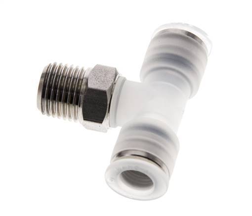 8mm x R1/4'' Inline Tee Push-in Fitting with Male Threads PA/Stainless Steel EPDM FDA Rotatable