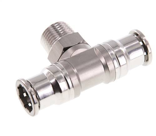 16mm x R1/2'' Inline Tee Push-in Fitting with Male Threads Stainless Steel FKM Rotatable