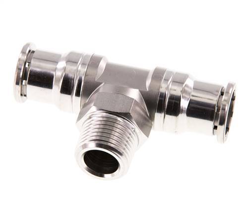 16mm x R1/2'' Inline Tee Push-in Fitting with Male Threads Stainless Steel FKM Rotatable