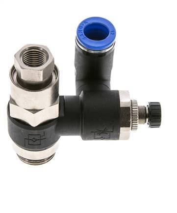 Flow Control Silencer Meter-Out Rotatable 12 mm - G1/2''-G1/4'' Brass/PA 66 with Pilot Operated Check Valve