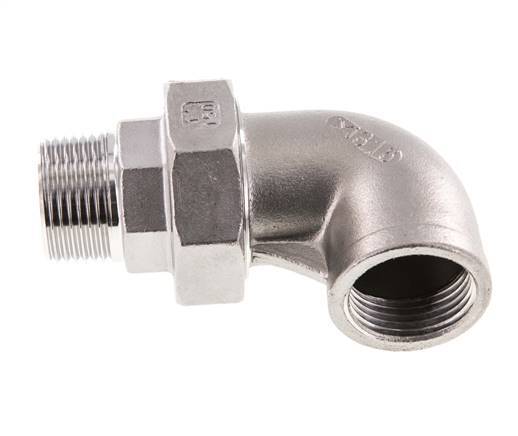 90deg Angled Union Connector 1'' Male R x Female Rp Stainless Steel Flat Seal PTFE 16bar (224.8psi)