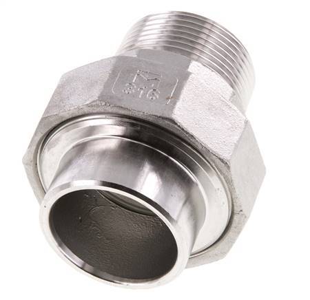 Union Straight Connector R1 1/4'' Male x 42.4mm Weld End Stainless Steel Flat Seal PTFE 16bar (224.8psi)