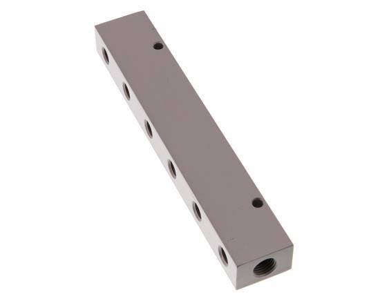 2xG 1/4'' x 6xG 1/8'' Aluminium Distributor Block One-sided 16 Bar
