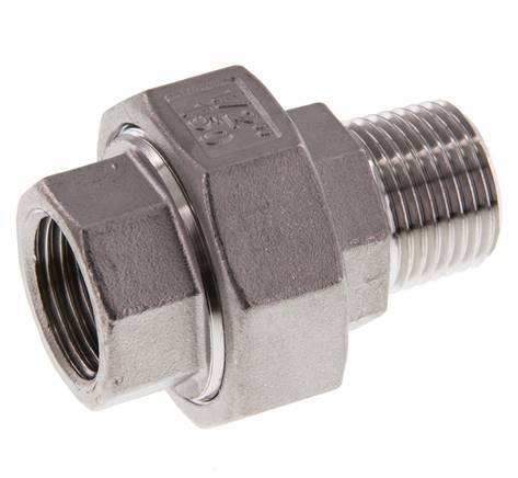 Rp 1/2'' x R 1/2'' F/M Stainless steel Double Nipple 3-pieces with Flat sealing 16 Bar