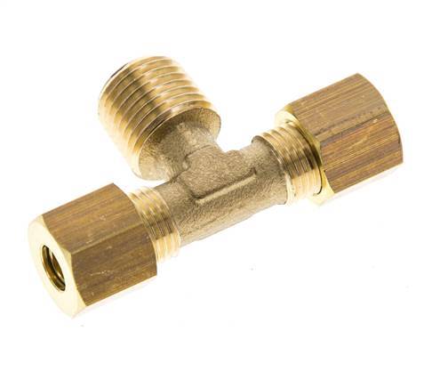 R 1/4'' Male x 6mm Brass Tee Compression Fitting 150 Bar DIN EN 1254-2