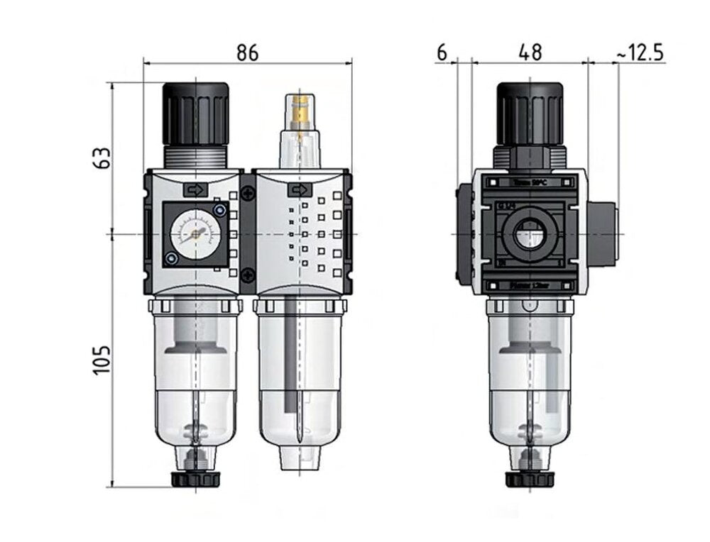 FRL 2-Part G1/4'' 800 l/min 0.5-10.0bar/7-145psi Auto 40 mm Pressure Gauge Metal Futura 0