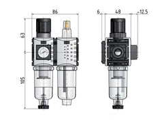 FRL 2-Part G1/4'' 800 l/min 0.5-10.0bar/7-145psi Auto 40 mm Pressure Gauge Metal Futura 0