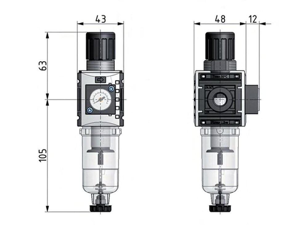 Filter-Regulator G1/4'' 1000 l/min 0.5-10.0bar/7-145psi Semi-Auto 40 mm Pressure Gauge Metal Futura 0