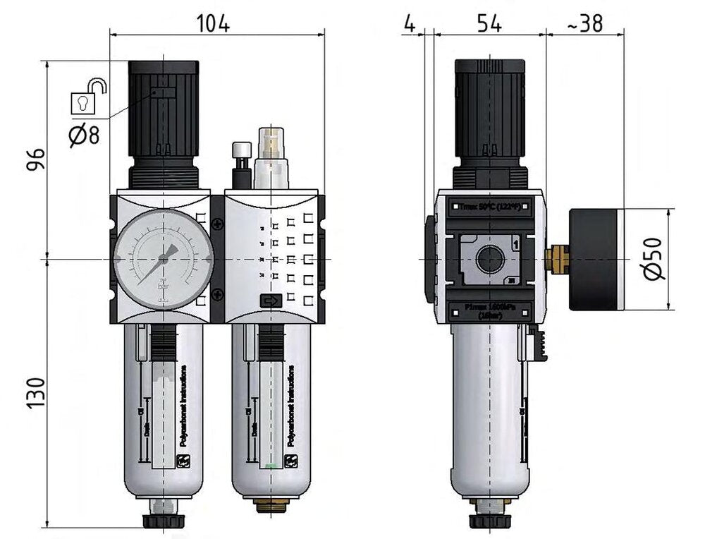 FRL 2-Part G3/8'' 1750 l/min 0.1-2.0bar/1-29psi Auto Polycarbonate Futura 1