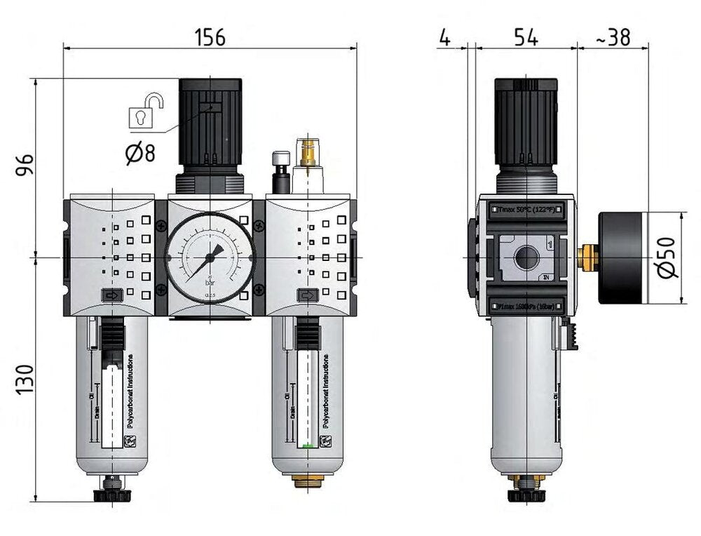 FRL 3-Part G3/8'' 1750 l/min 0.2-4.0bar/3-58psi Semi-Auto Polycarbonate Futura 1