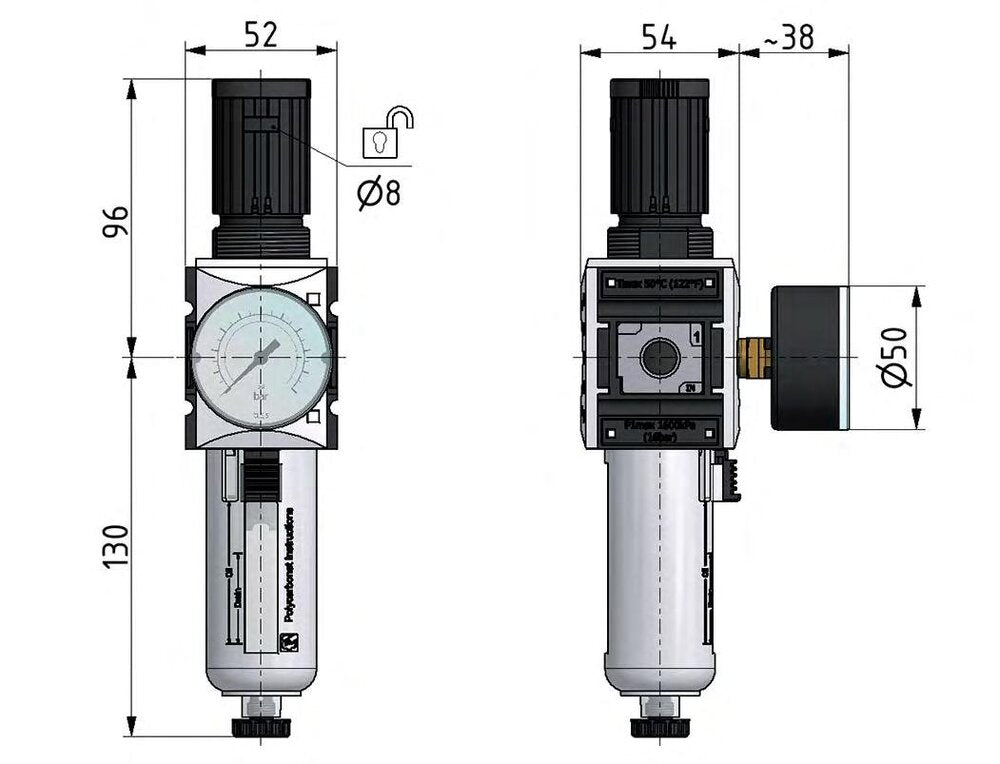 Filter-Regulator G3/8'' 2500 l/min 0.2-4.0bar/3-58psi Auto Polycarbonate Futura 1