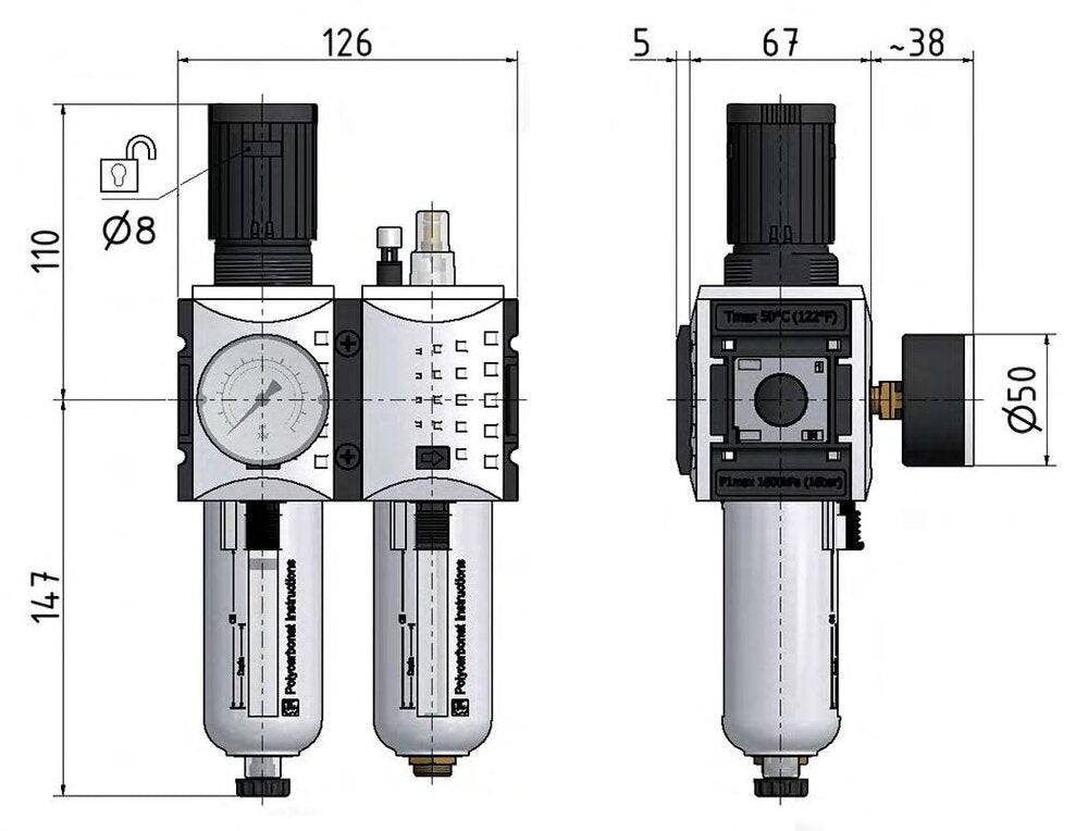 FRL 2-Part G3/8'' 3500 l/min 0.1-2.0bar/1-29psi Auto Polycarbonate Futura 2