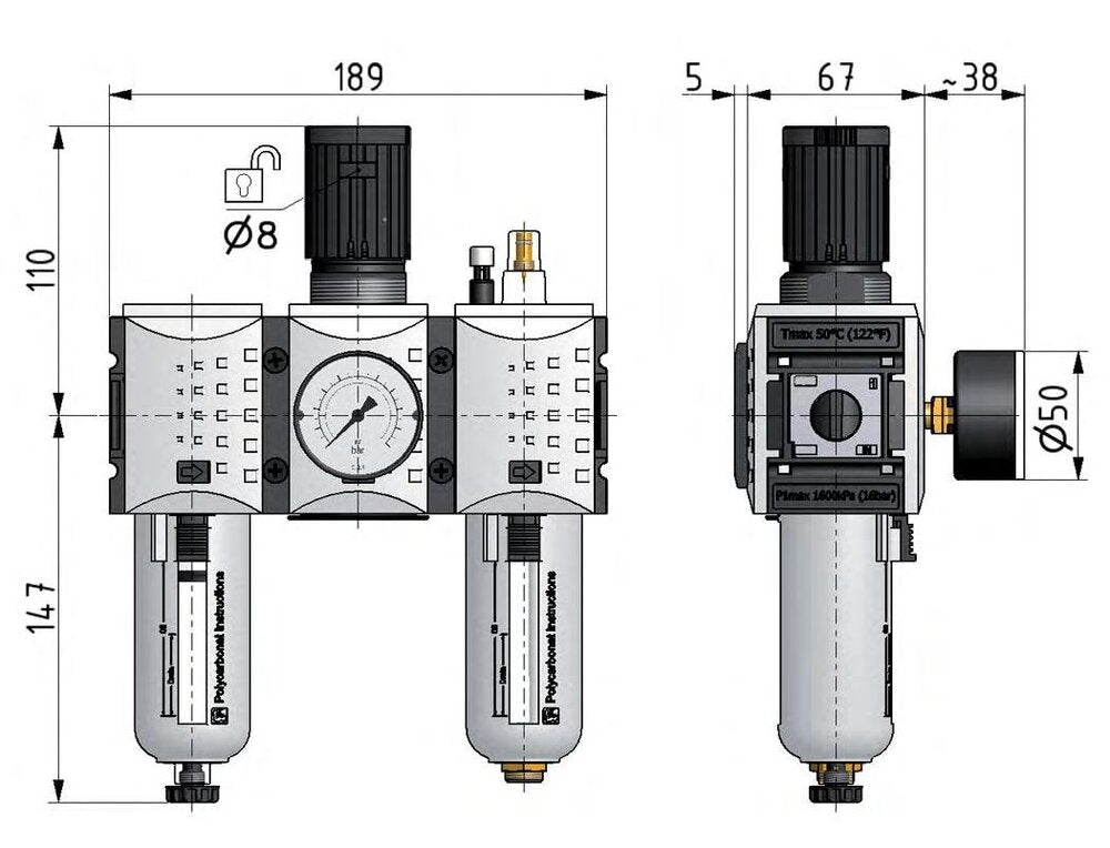 FRL 3-Part G3/8'' 3500 l/min 0.1-2.0bar/1-29psi Auto Polycarbonate Futura 2