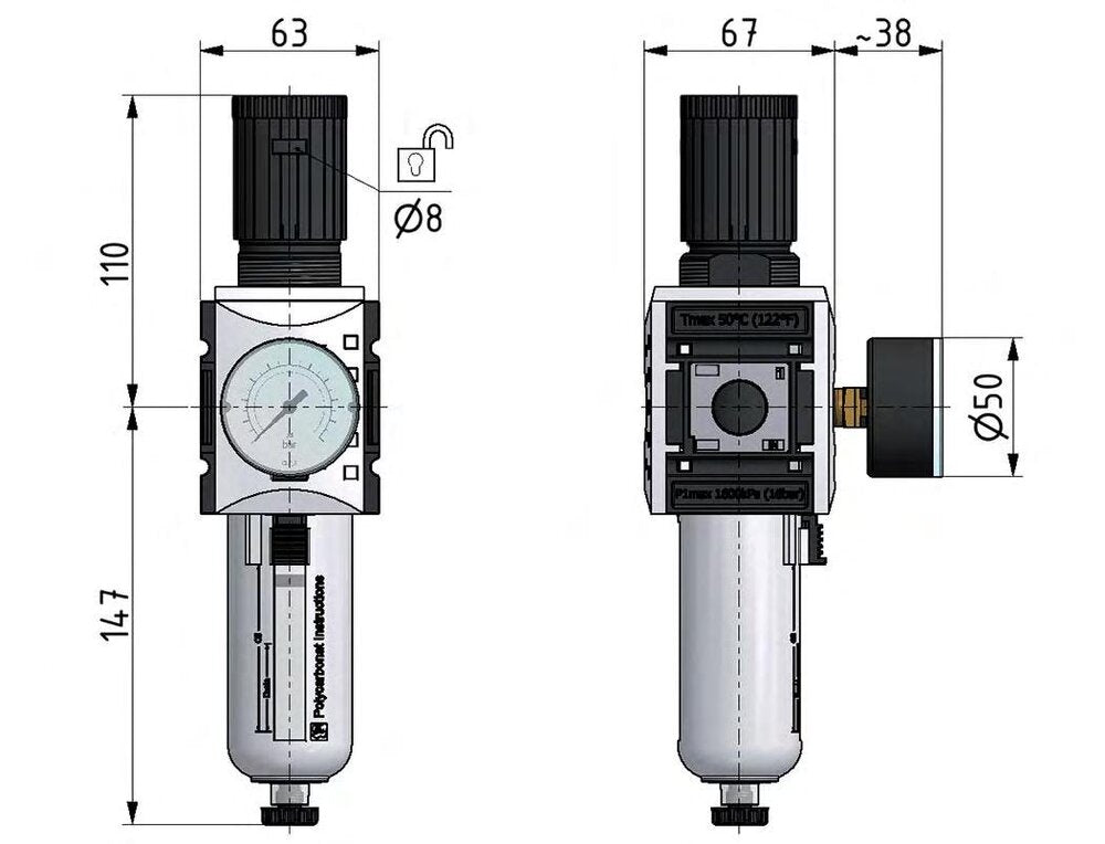 Filter-Regulator G1/2'' 5200 l/min 0.5-16.0bar/7-232psi Auto Metal Futura 2