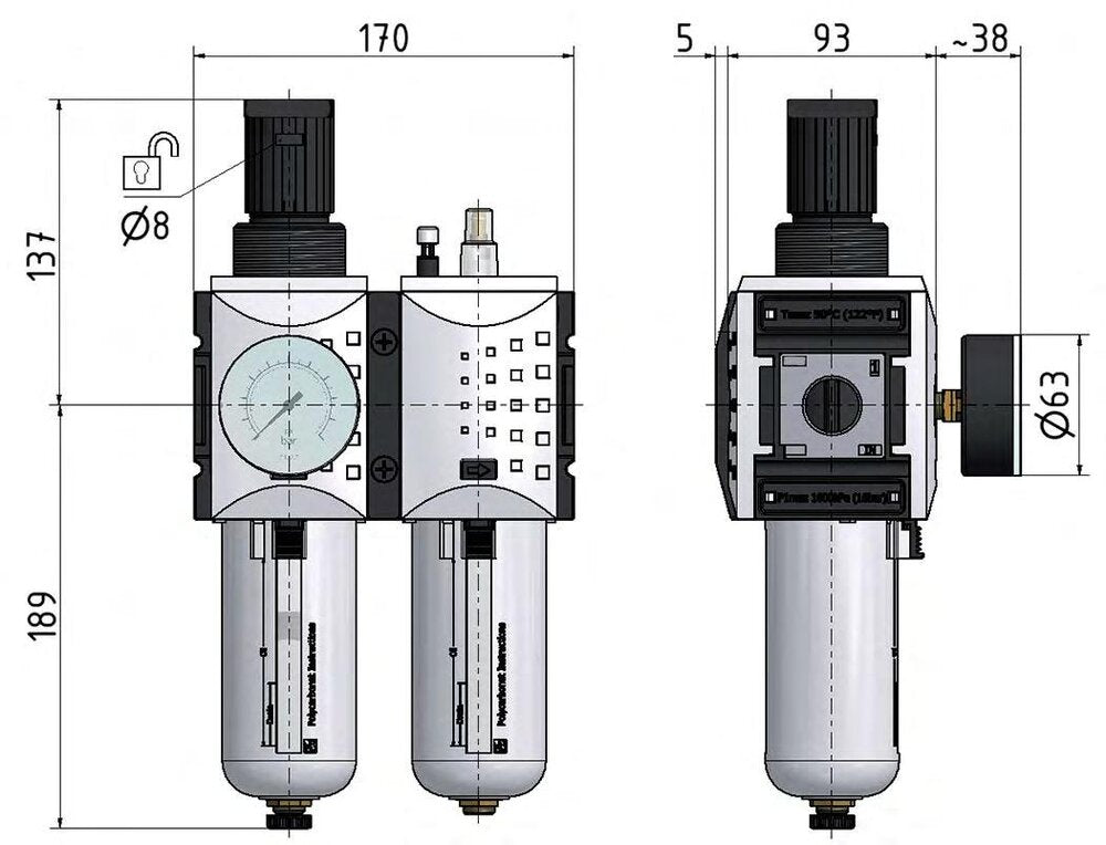 FRL 2-Part G1'' 12000 l/min 0.5-10.0bar/7-145psi Auto Polycarbonate Futura 4