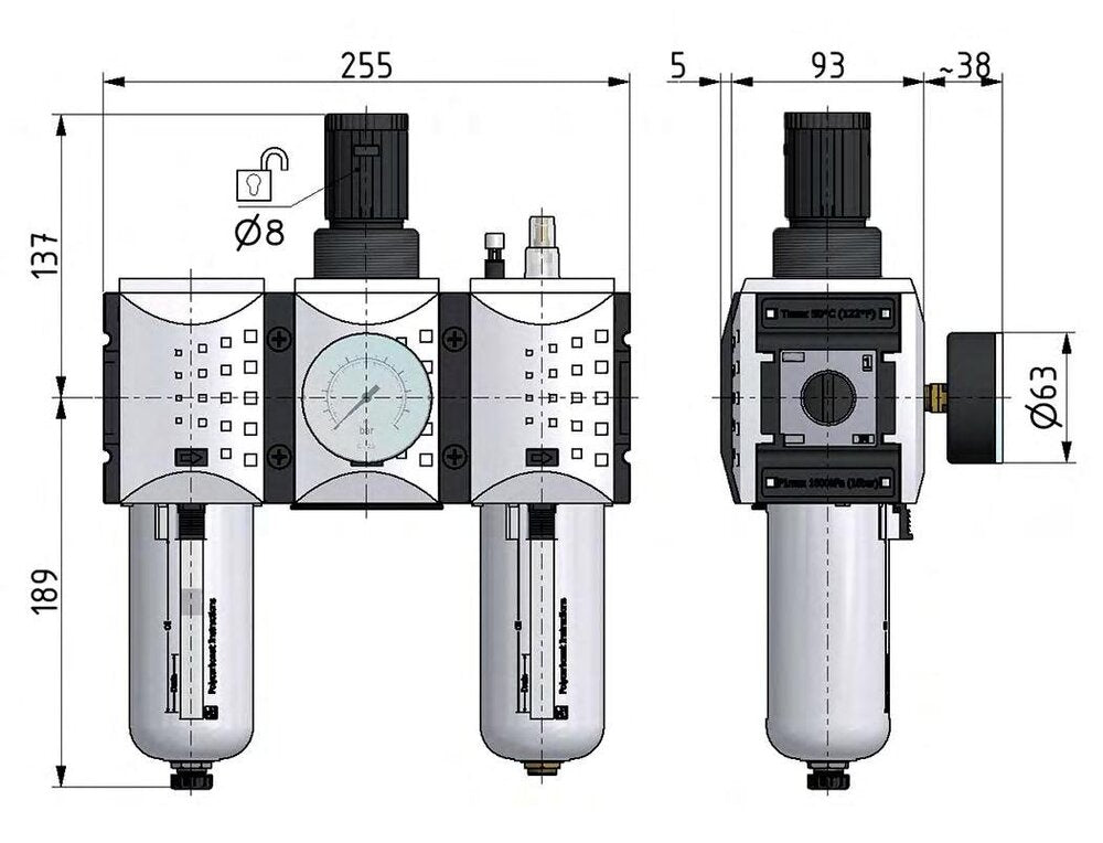 FRL 3-Part G1'' 12000 l/min 0.1-1.0bar/1-14psi Semi-Auto Polycarbonate Futura 4