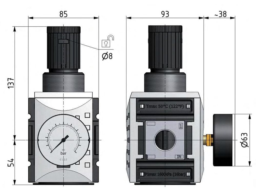 Pressure Regulator G1'' 14200 l/min 0.5-10.0bar/7-145psi PA Futura 4